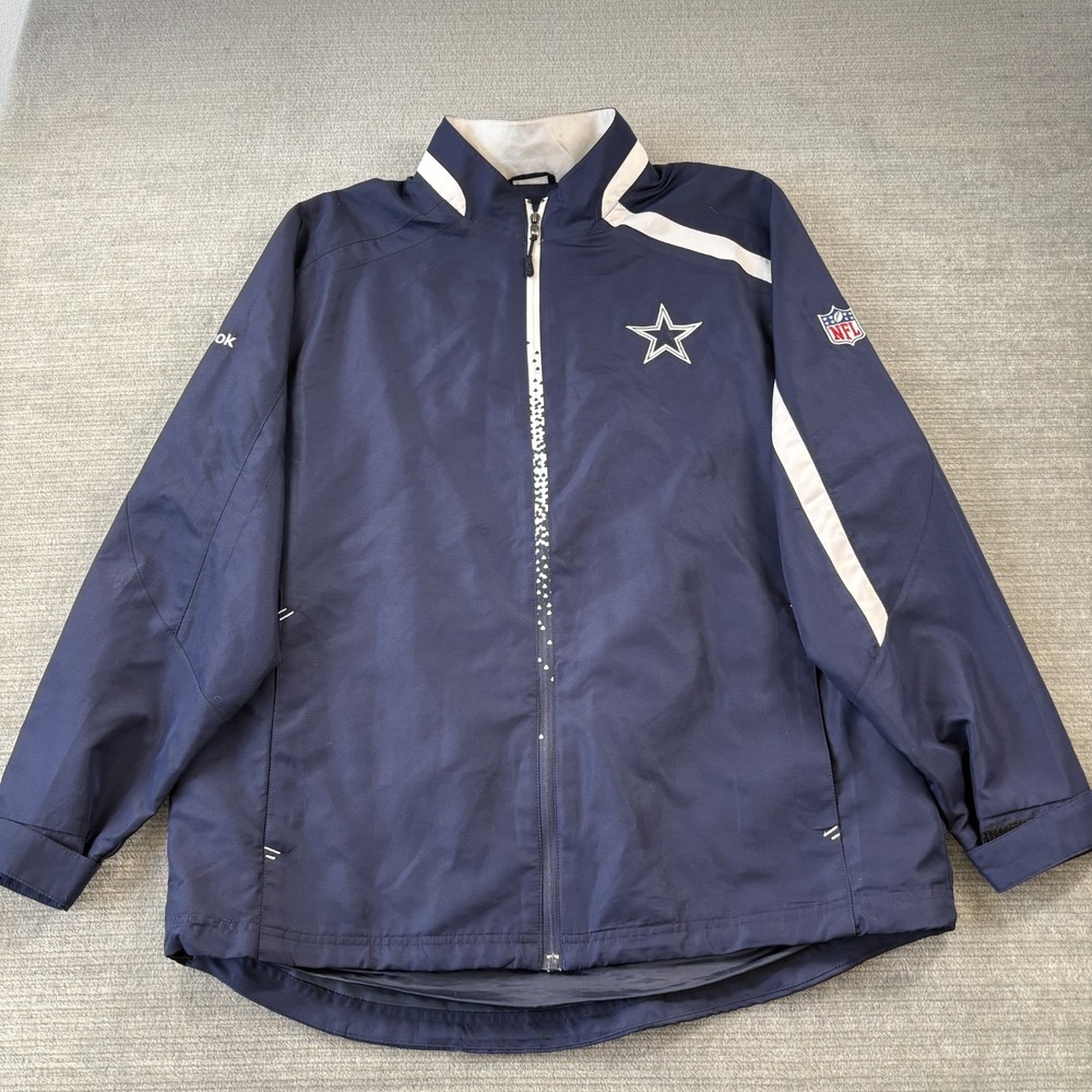 Dallas Cowboys On Field Jacket Mens Large Blue Windbreaker Full Zip Reebok NFL